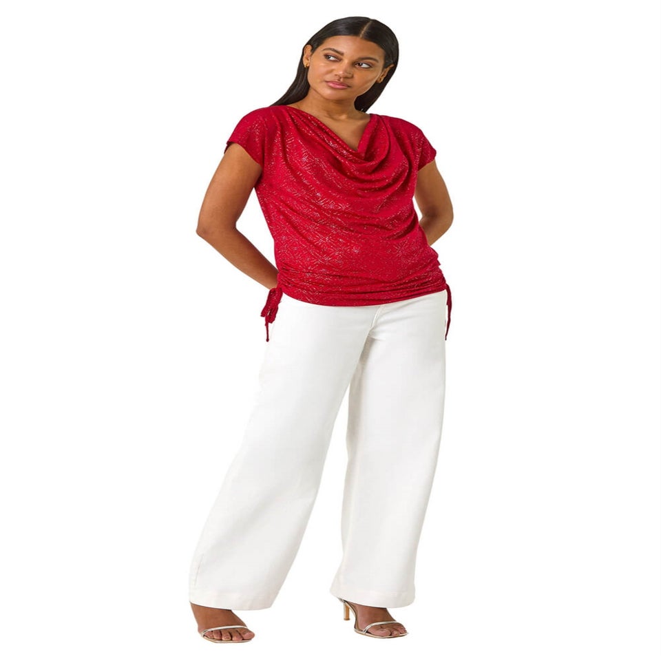 Roman Red Sparkle Cowl Neck Tie Side Top