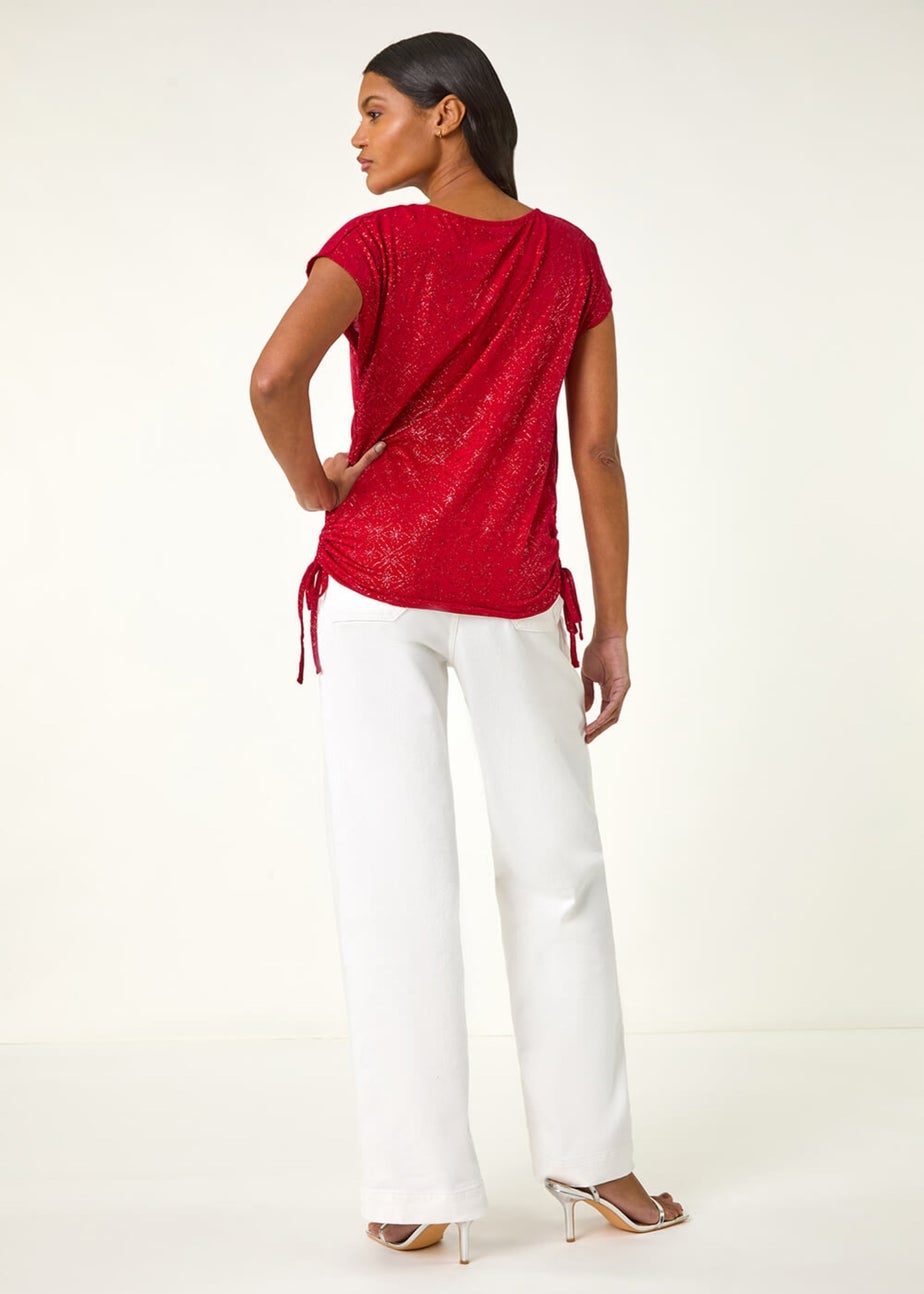Roman Red Sparkle Cowl Neck Tie Side Top