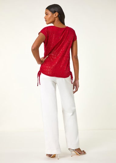 Roman Red Sparkle Cowl Neck Tie Side Top