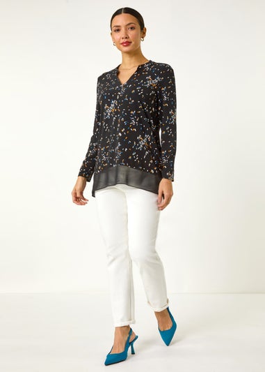 Roman Black Abstract Print V-Neck Tunic Top