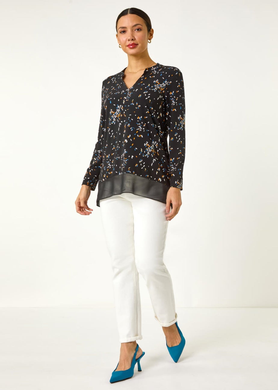 Roman Black Abstract Print V-Neck Tunic Top