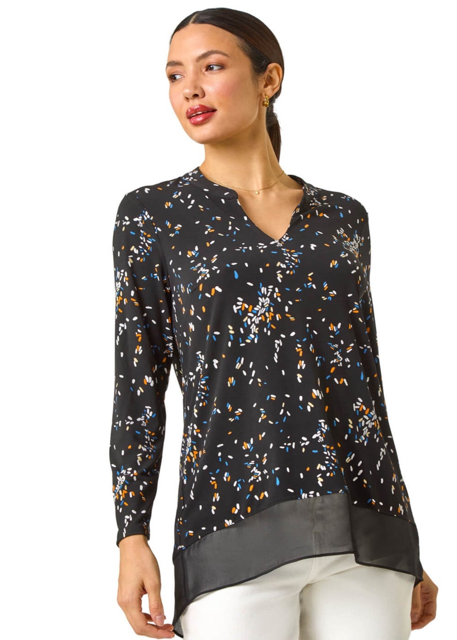 Roman Black Abstract Print V-Neck Tunic Top
