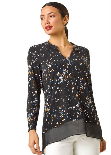 Roman Black Abstract Print V-Neck Tunic Top