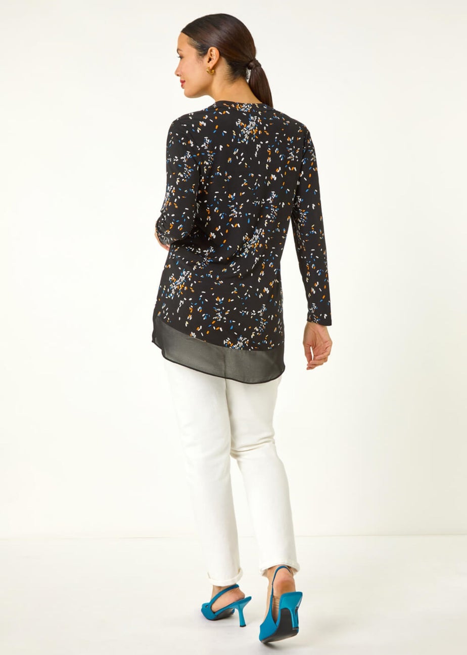 Roman Black Abstract Print V-Neck Tunic Top