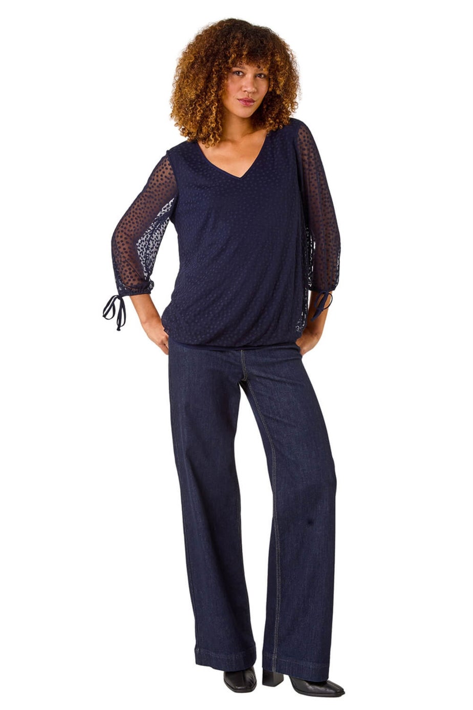 Roman Navy Burnout Print V-Neck Overlay Mesh Top