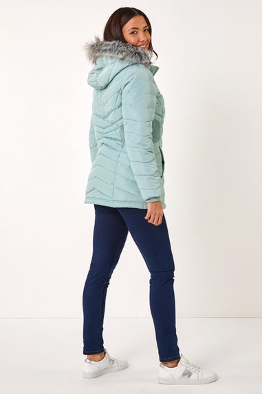 Roman Sage Faux Fur Hooded Quilt Coat