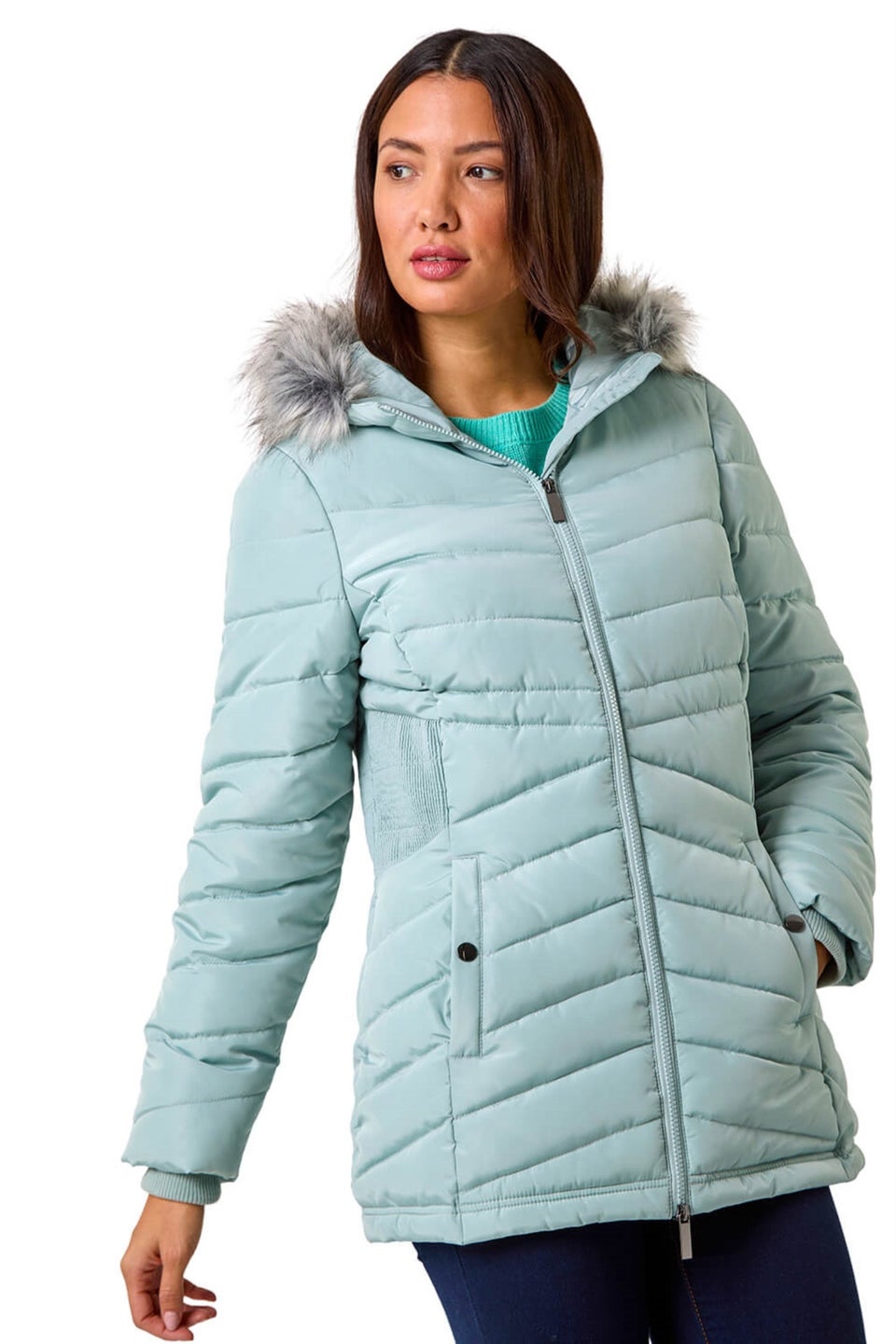 Roman Sage Faux Fur Hooded Quilt Coat