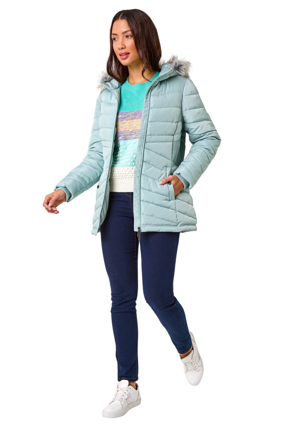 Roman Sage Faux Fur Hooded Quilt Coat