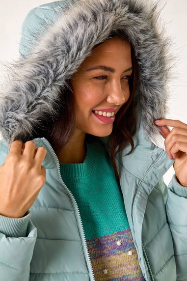 Roman Sage Faux Fur Hooded Quilt Coat