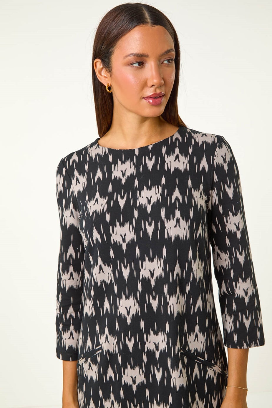 Roman Dark Grey Abstract Zip Trim Stretch Shift Dress