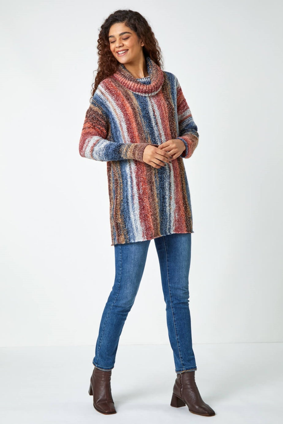 Roman Multi Boucle Stripe Cowl Neck Jumper