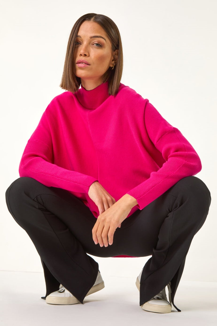 Roman Fuchsia Ribbed High Neck Knit Jumper