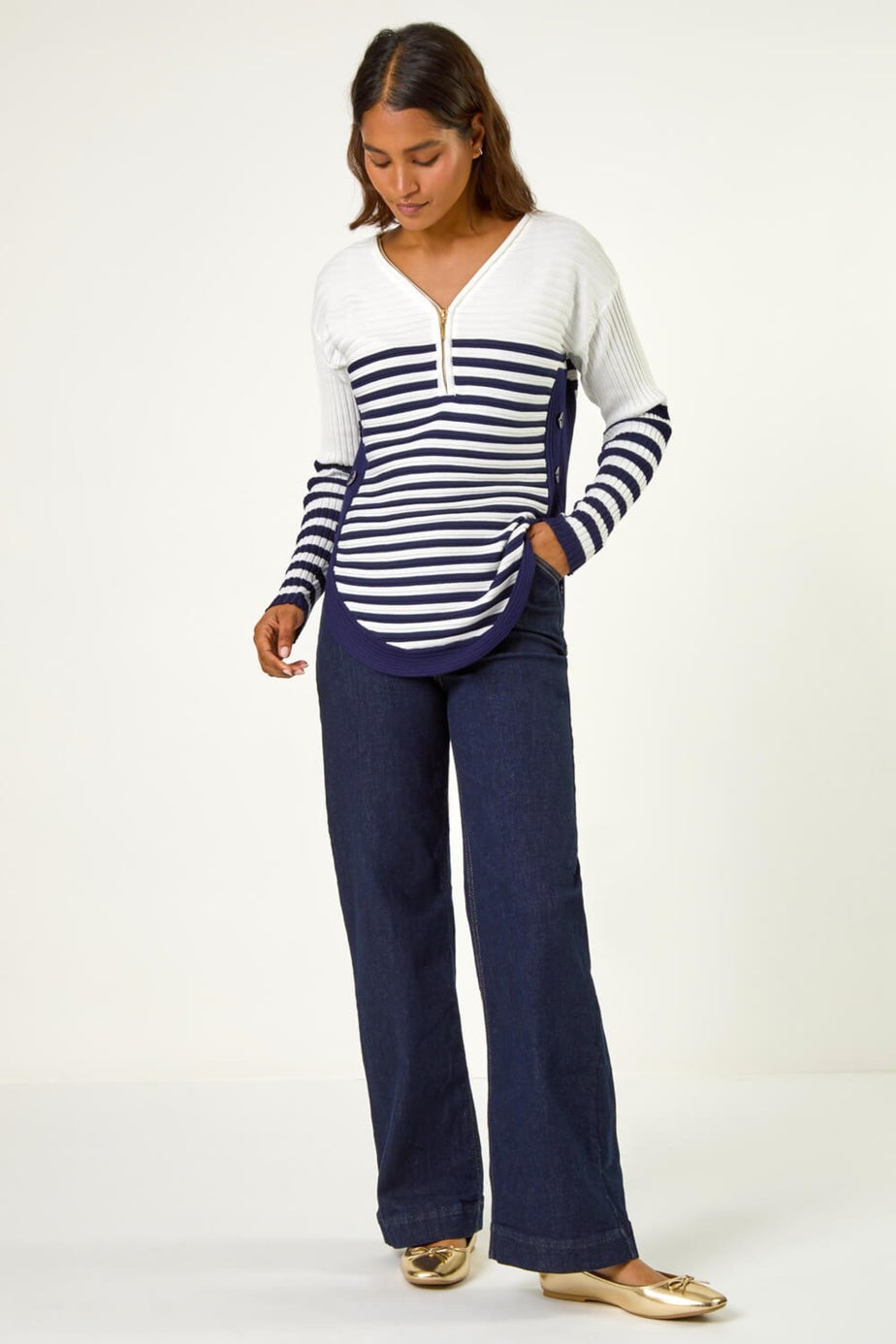 Roman Ivory Stripe Zip Front Ribbed Knit Jumper
