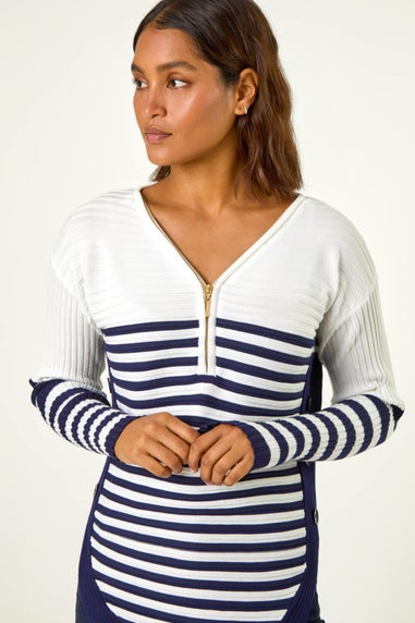 Roman Ivory Stripe Zip Front Ribbed Knit Jumper