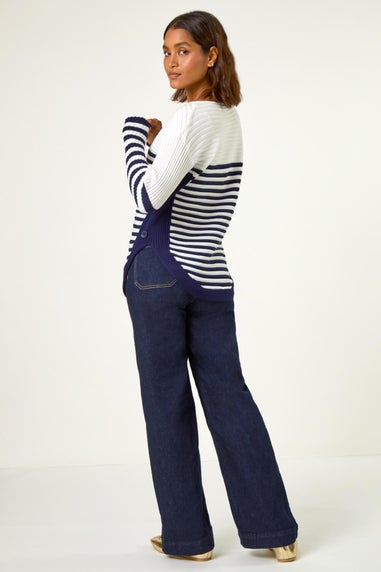 Roman Ivory Stripe Zip Front Ribbed Knit Jumper