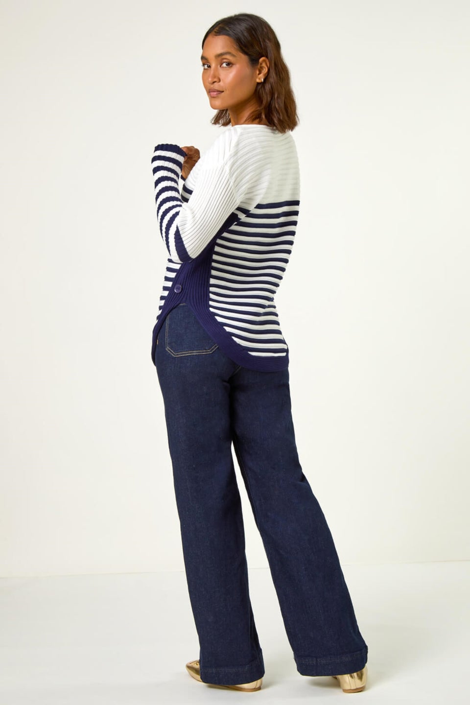 Roman Ivory Stripe Zip Front Ribbed Knit Jumper
