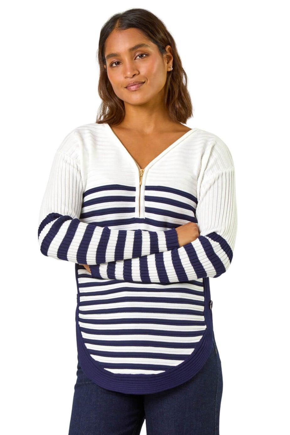 Roman Ivory Stripe Zip Front Ribbed Knit Jumper