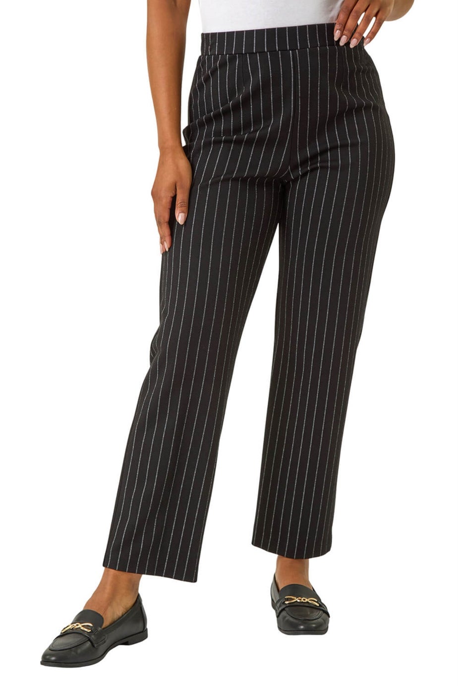 Roman Black Petite Pinstripe Stretch Trousers