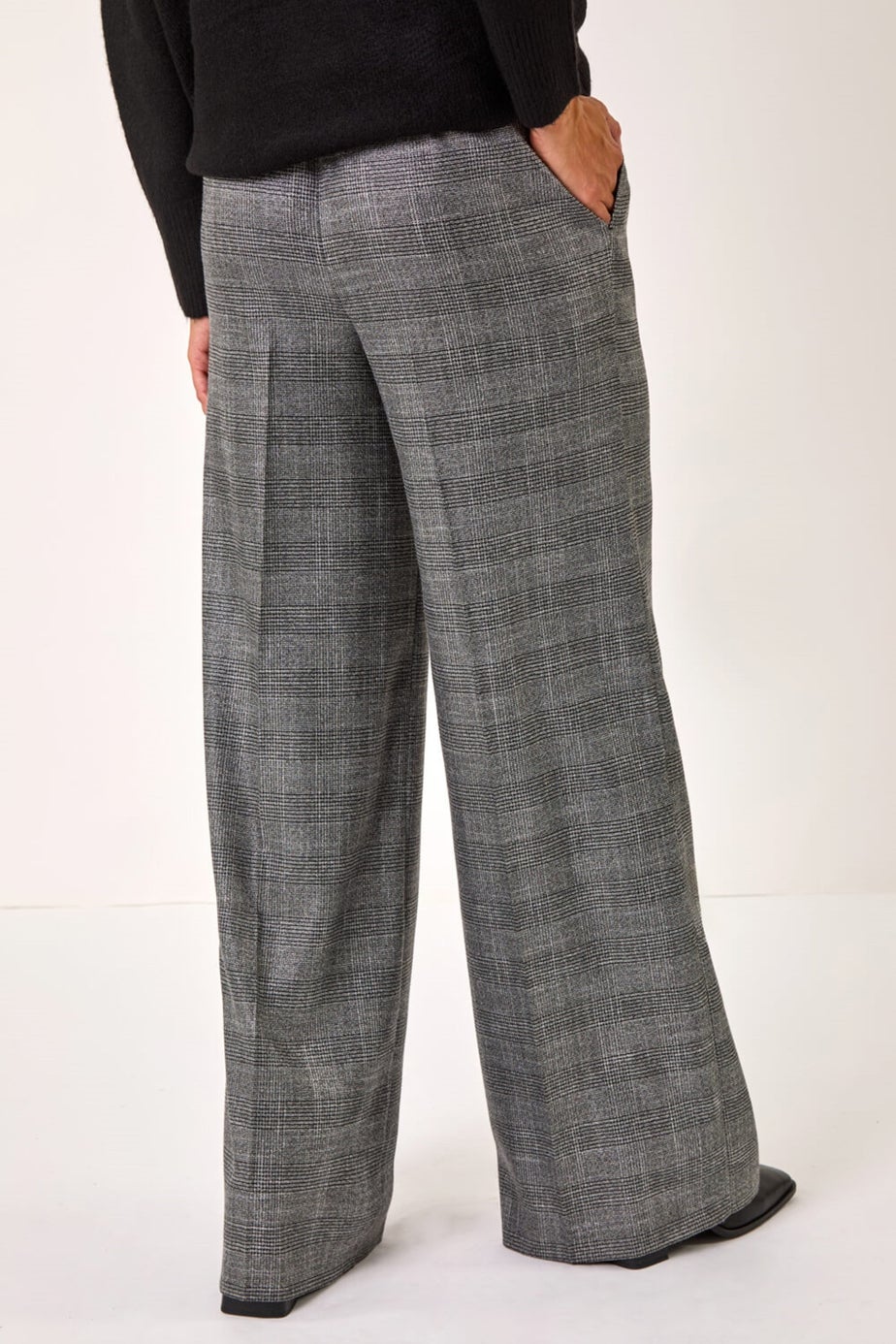 Roman Grey Check Print Tie Front Wide Leg Trouser