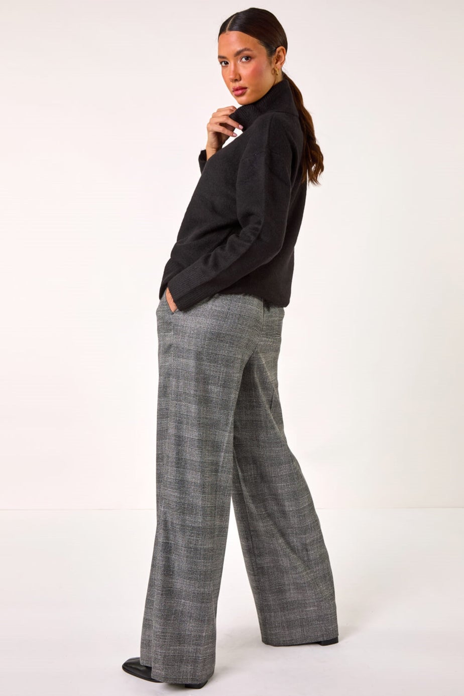 Roman Grey Check Print Tie Front Wide Leg Trouser