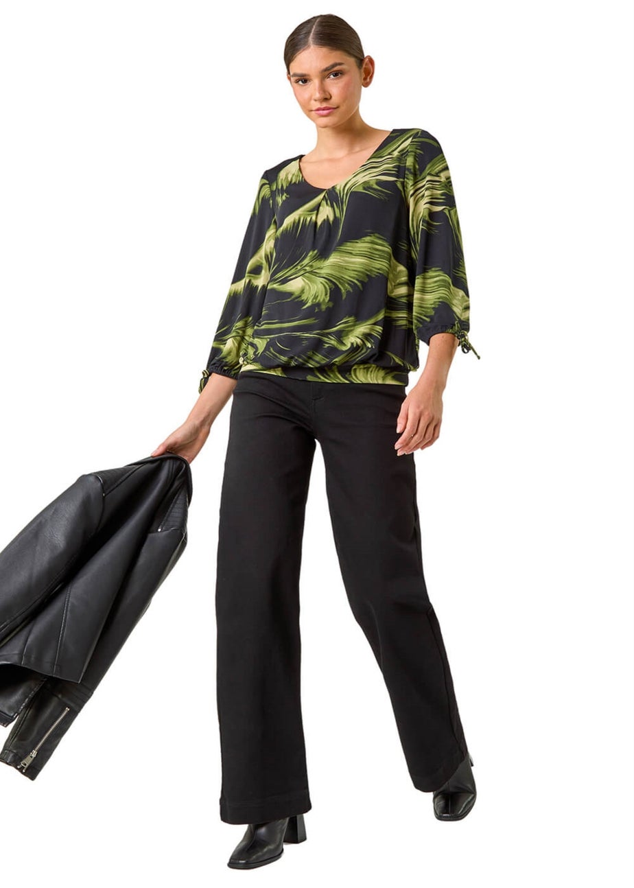 Roman Green Brush Print V-Neck Tie Sleeve Top