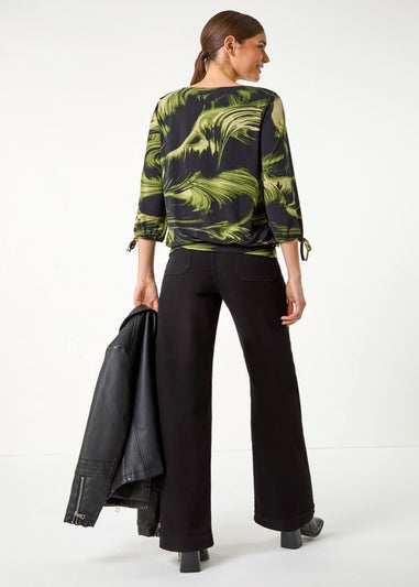 Roman Green Brush Print V-Neck Tie Sleeve Top