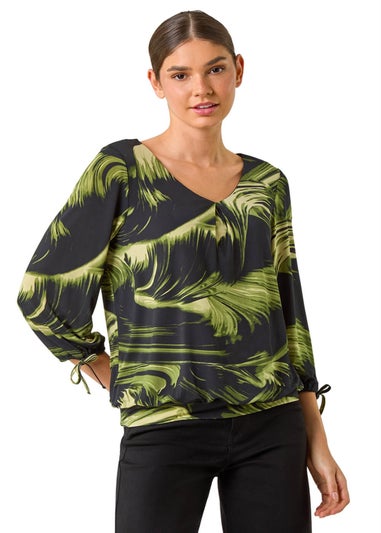 Roman Green Brush Print V-Neck Tie Sleeve Top