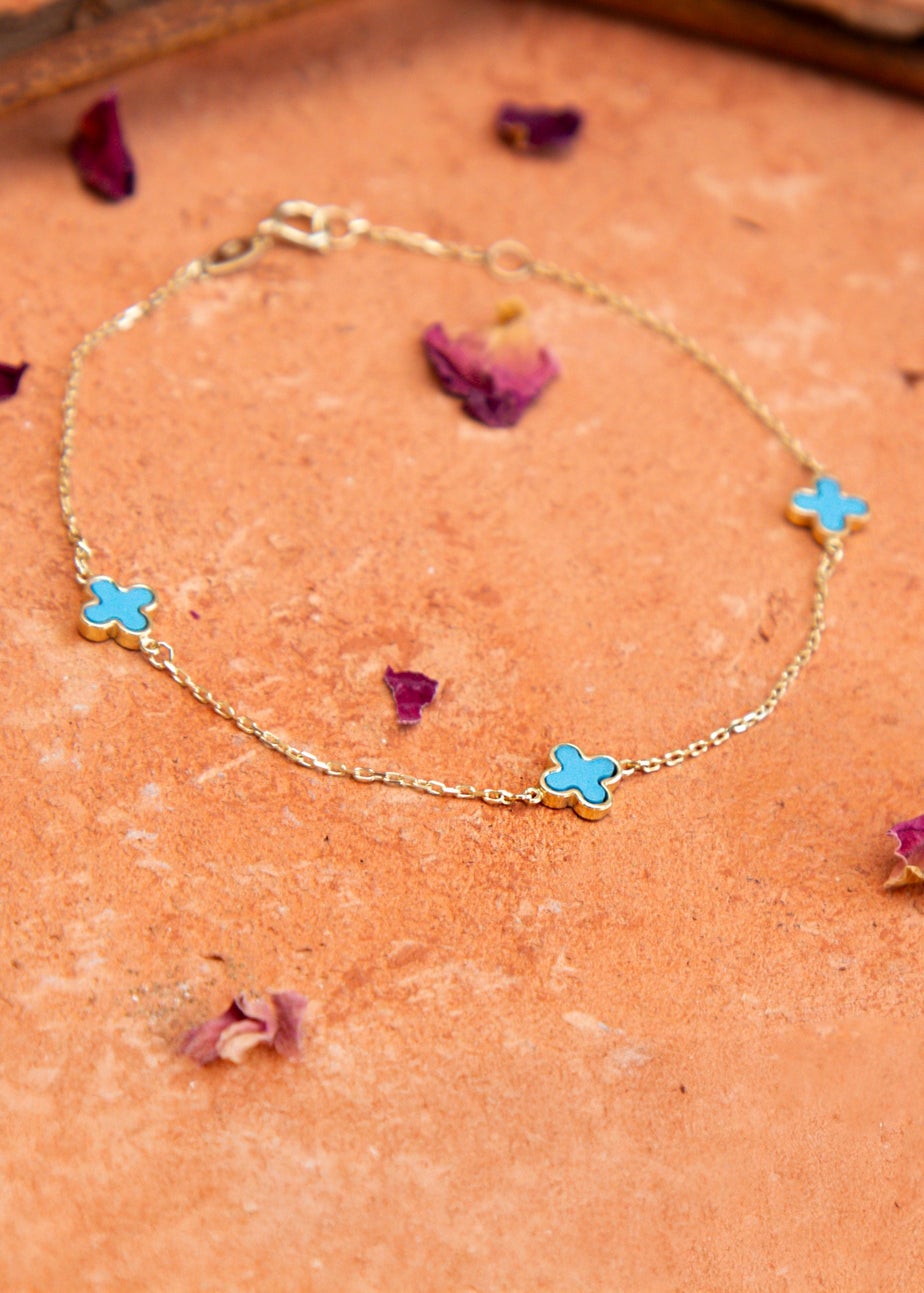 Golden Moments 9ct Yellow Gold 3 x 6.5mm Turquoise Clover Petals Bracelet