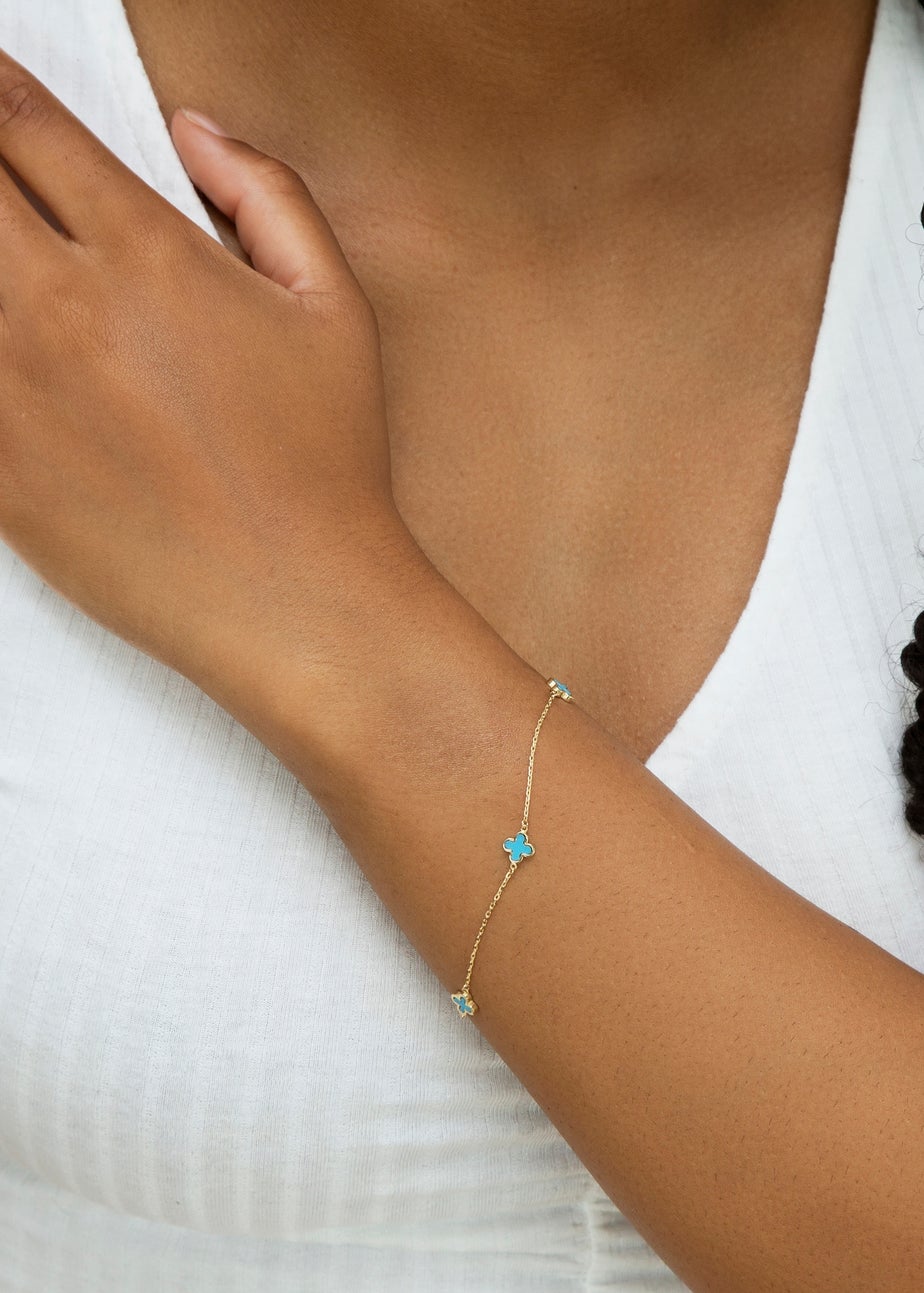 Golden Moments 9ct Yellow Gold 3 x 6.5mm Turquoise Clover Petals Bracelet