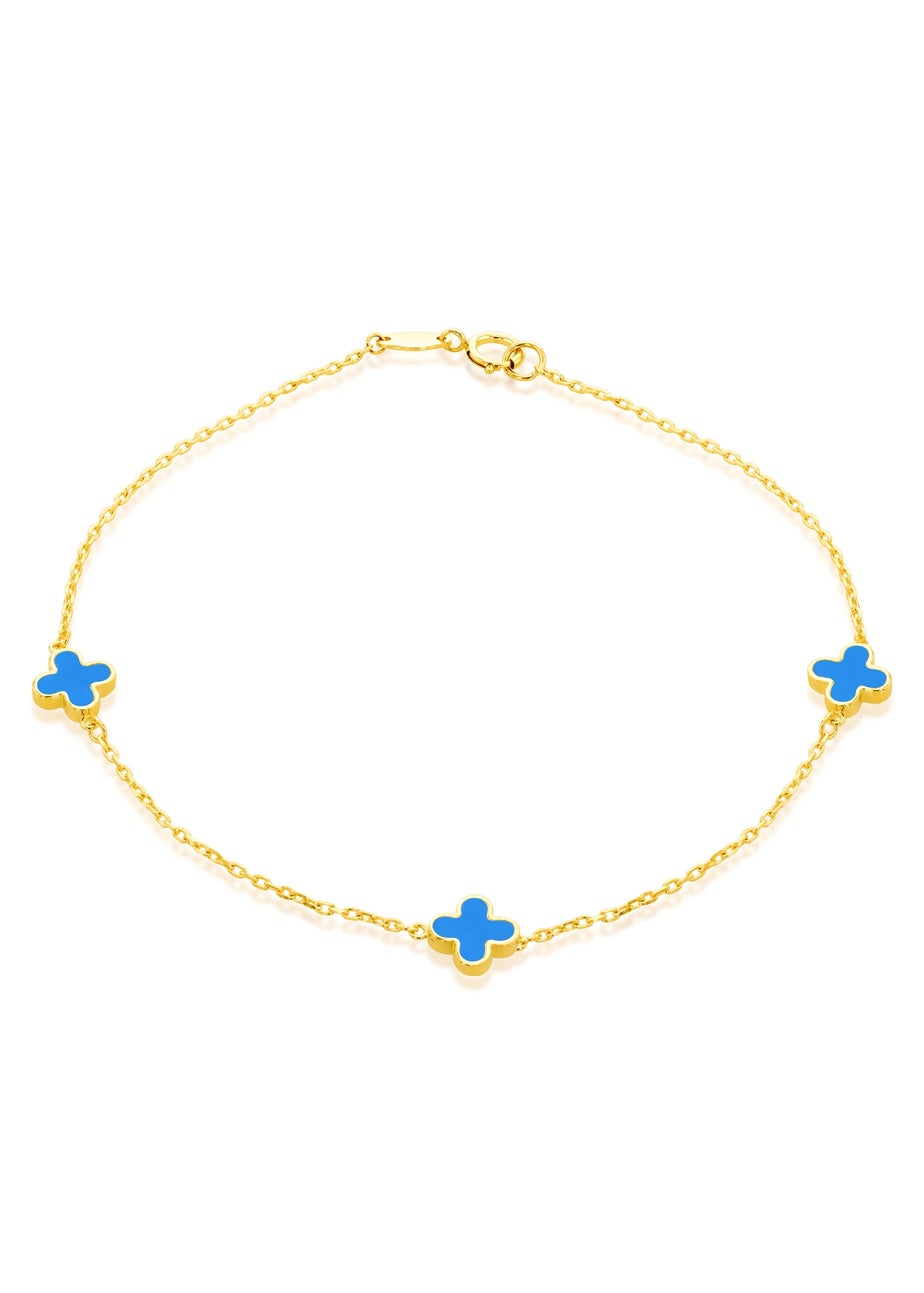Golden Moments 9ct Yellow Gold 3 x 6.5mm Turquoise Clover Petals Bracelet