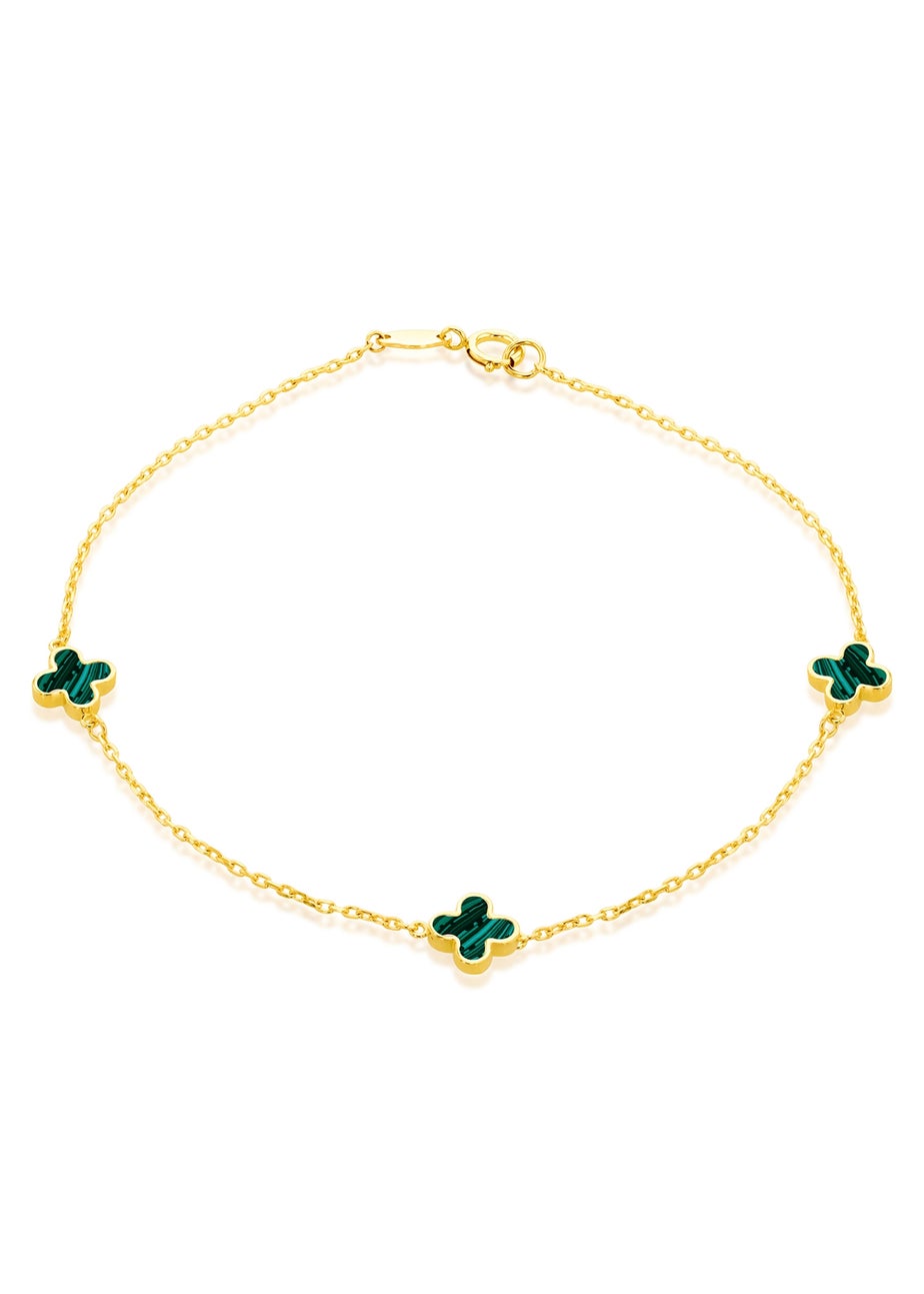 Golden Moments 9ct Yellow Gold 3 x 6.5mm Malachite Clover Petals Bracelet