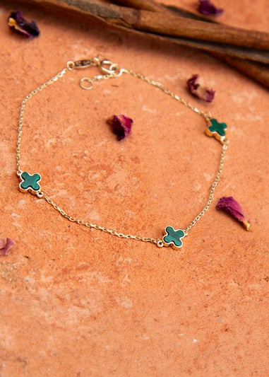 Golden Moments 9ct Yellow Gold 3 x 6.5mm Malachite Clover Petals Bracelet