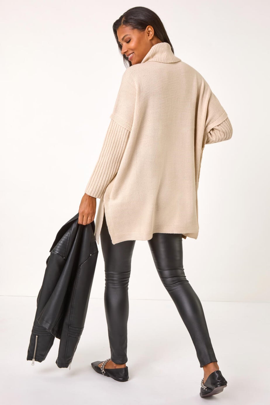 Roman Beige Cable Knit Roll Neck Poncho Jumper