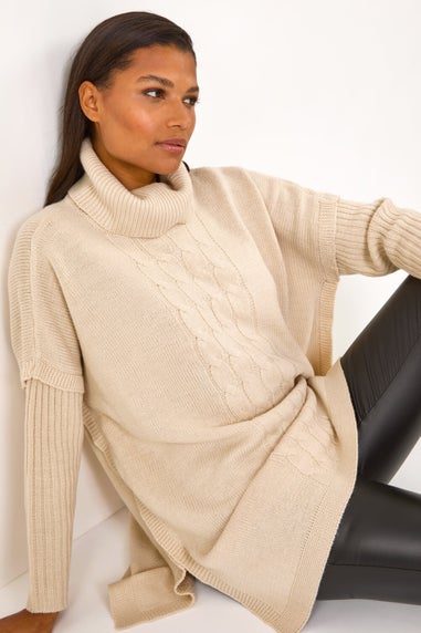 Roman Beige Cable Knit Roll Neck Poncho Jumper
