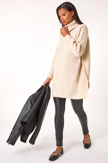 Roman Beige Cable Knit Roll Neck Poncho Jumper