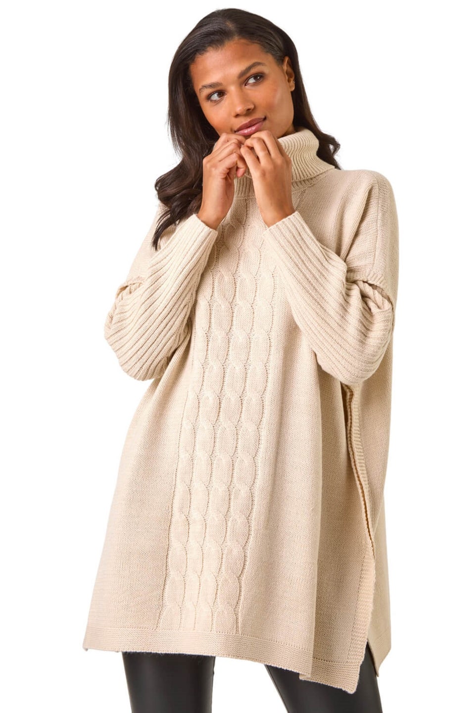 Roman Beige Cable Knit Roll Neck Poncho Jumper