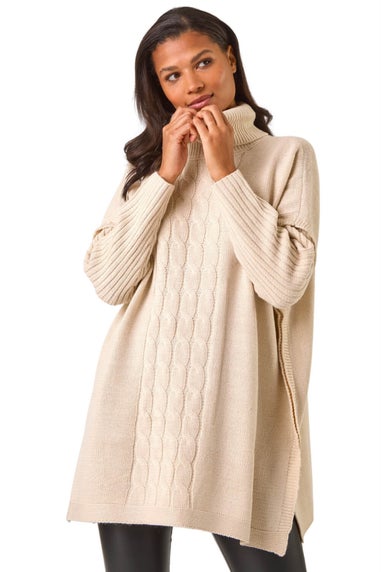Roman Beige Cable Knit Roll Neck Poncho Jumper