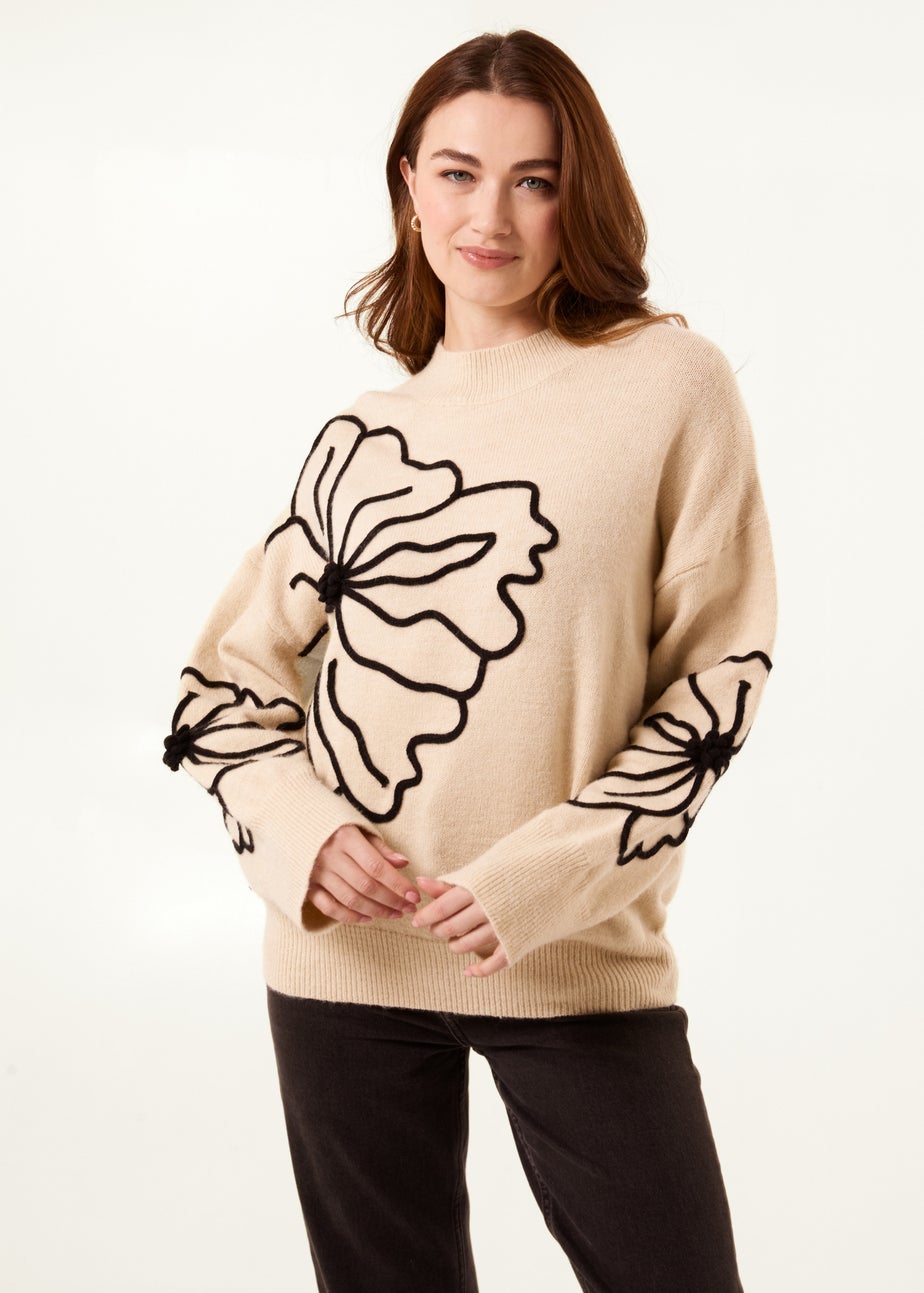 Blue Vanilla Beige Large Flower Embroidery Jumper