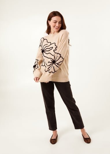 Blue Vanilla Beige Large Flower Embroidery Jumper