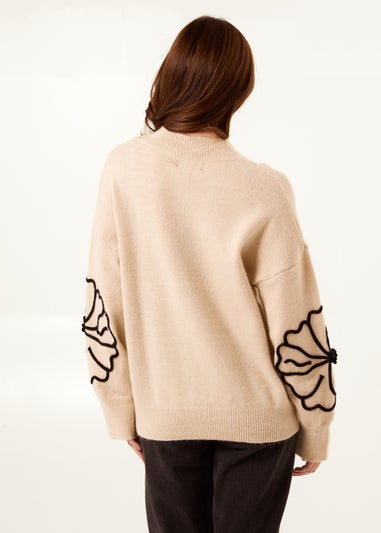 Blue Vanilla Beige Large Flower Embroidery Jumper