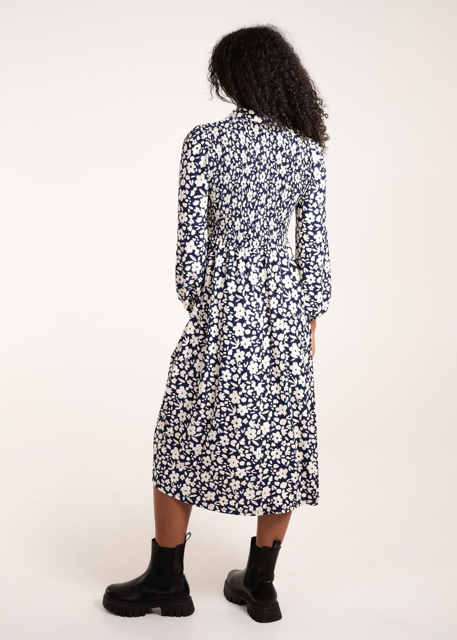 Blue Vanilla Navy Floral Shirred Midi Shirt Dress