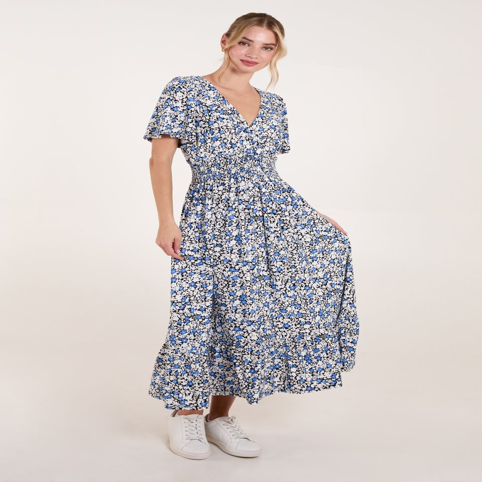 Blue Vanilla Blue Floral Wrap Front Maxi Dress