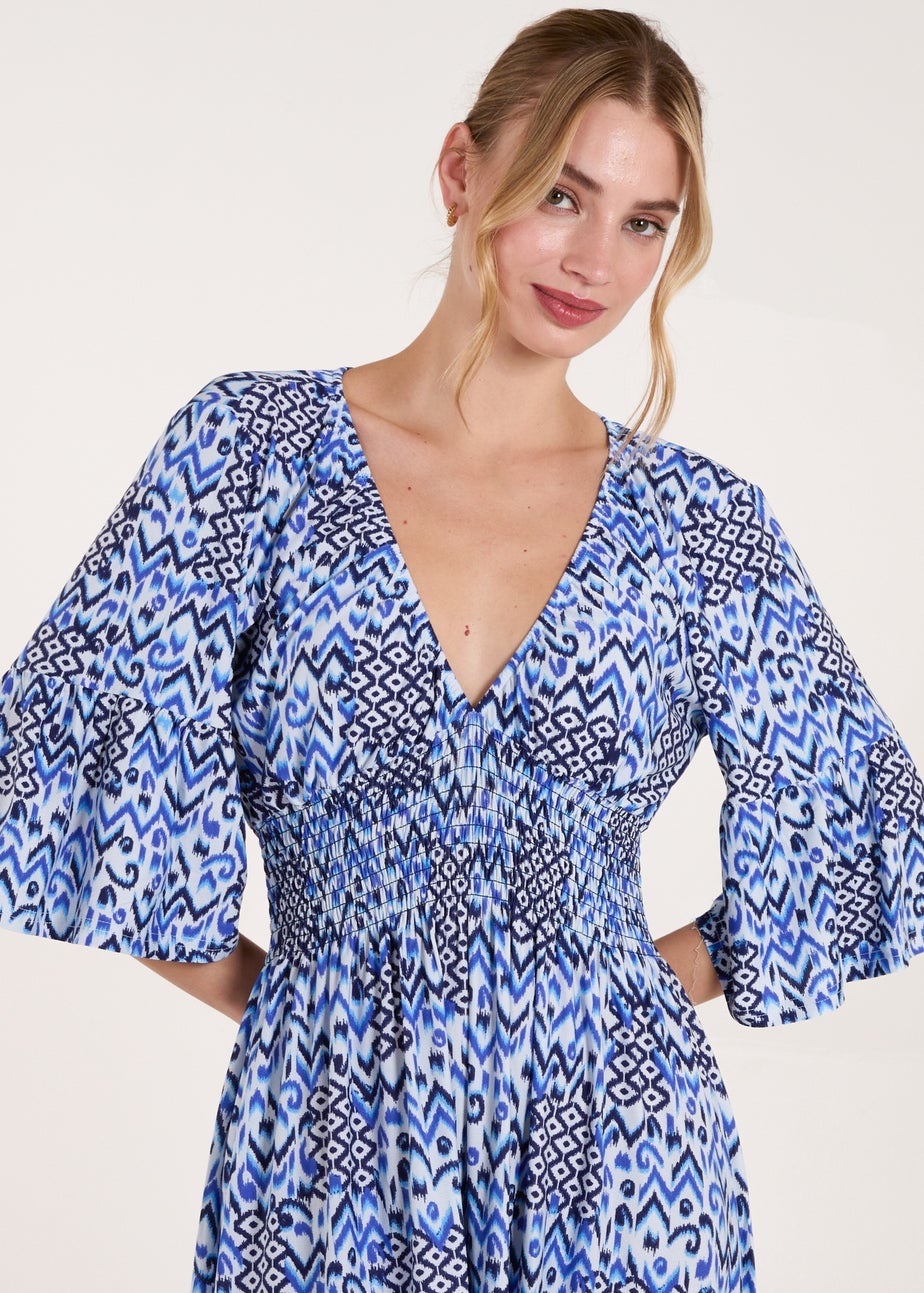 Blue Vanilla Blue Abstract Elasticated Neck Shirred Waist Maxi Dress