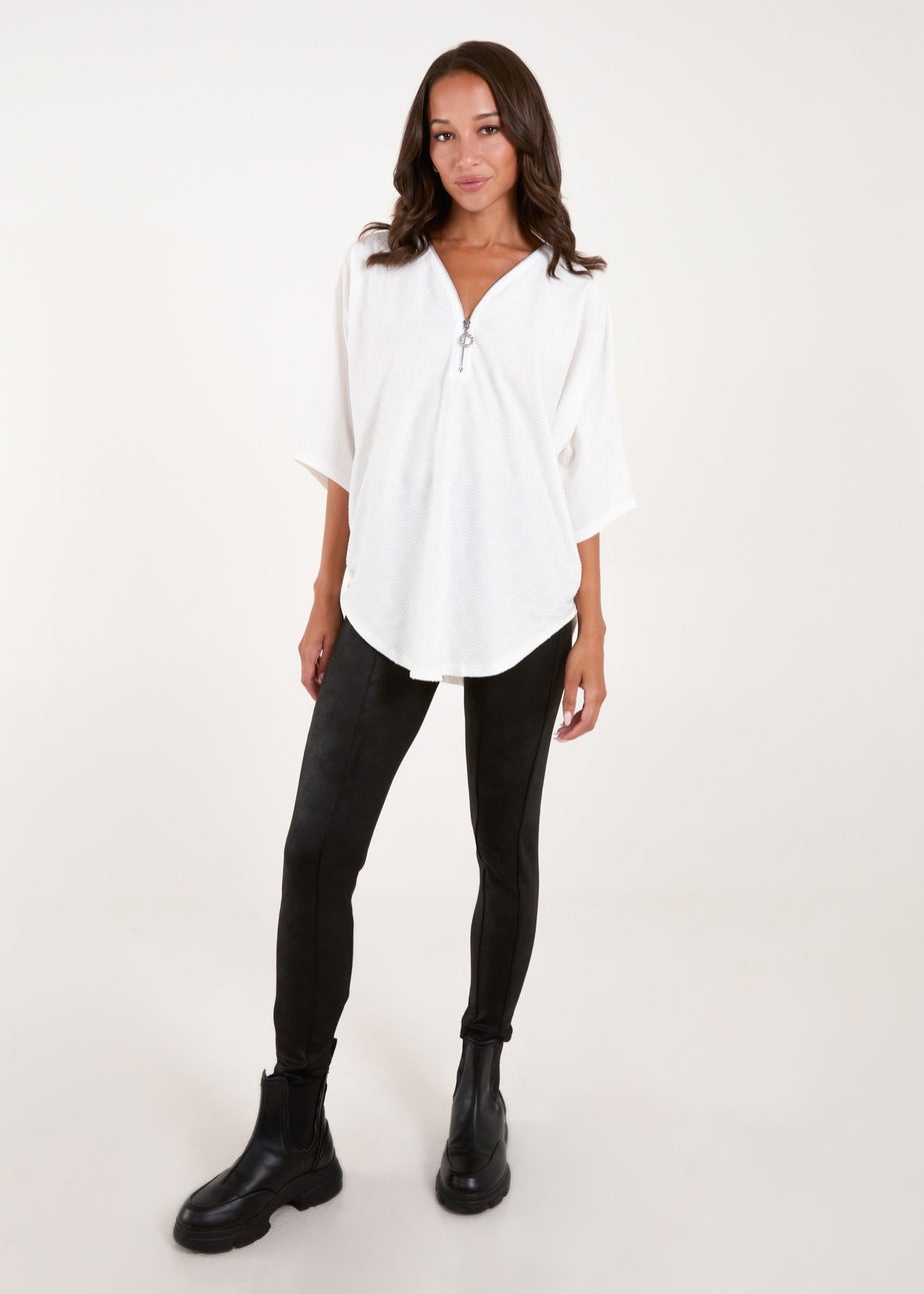 Blue Vanilla White Textured Half Zip Top