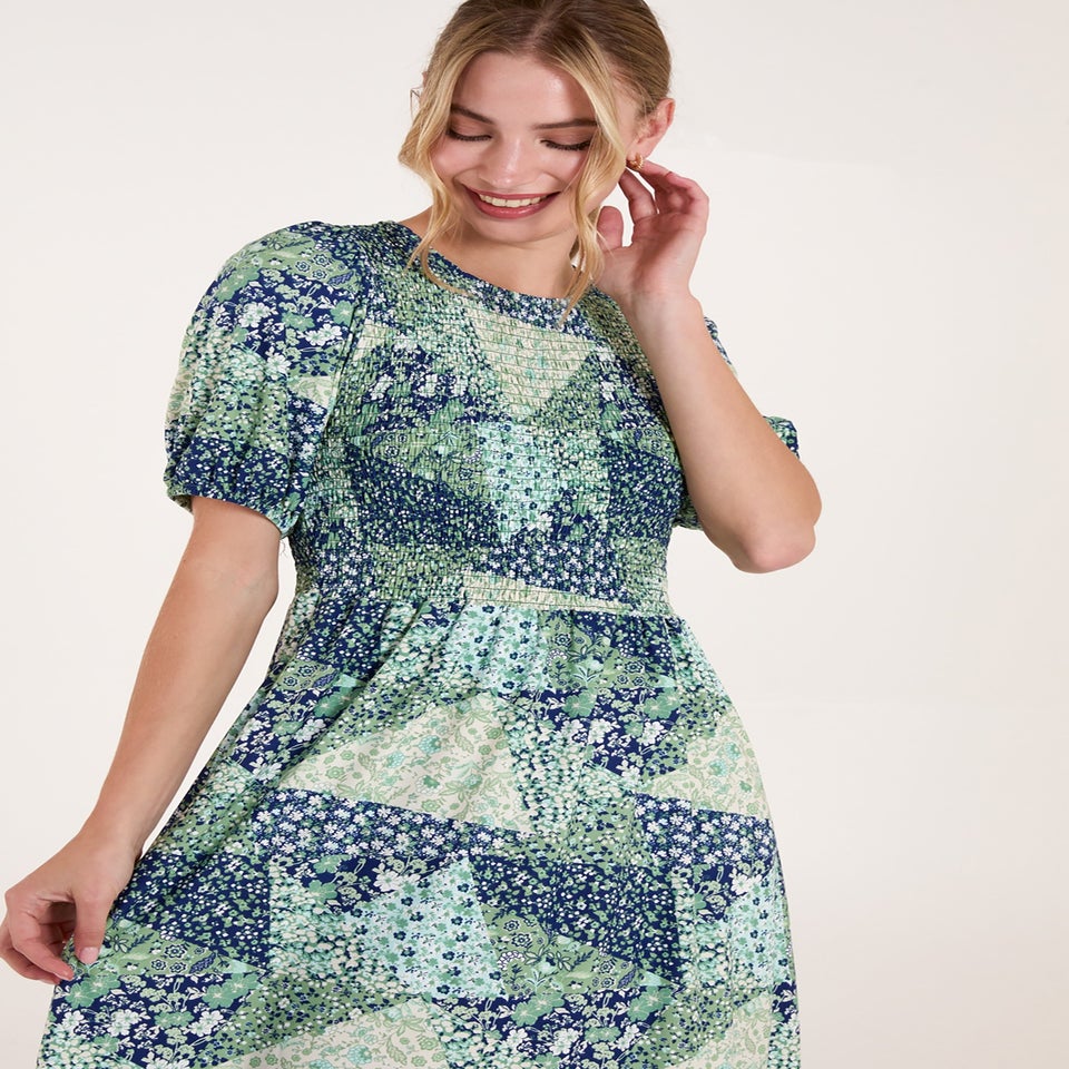 Blue Vanilla Turquoise Shirred Bust Puff Sleeve Patchwork Mini Dress