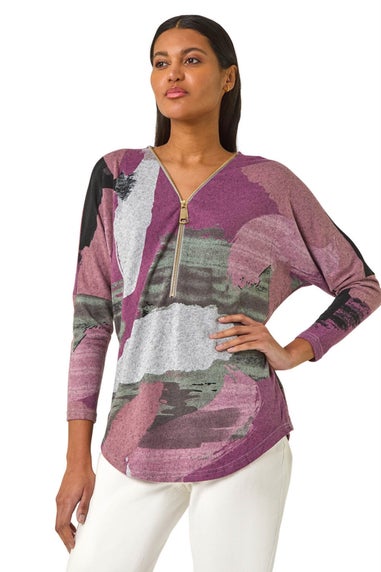 Roman Mauve Brushed Print Zip Detail Top
