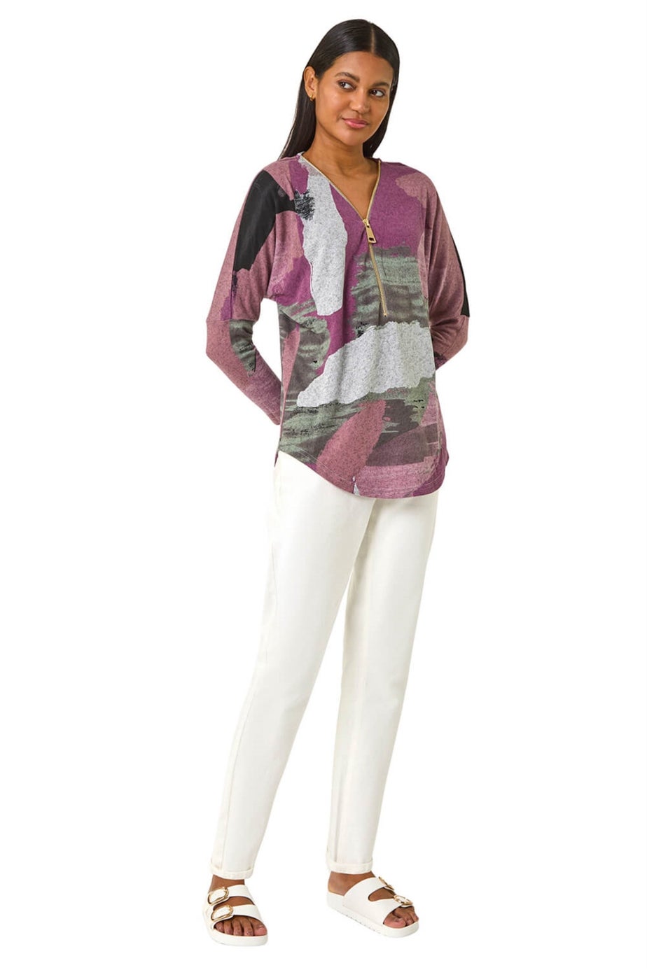 Roman Mauve Brushed Print Zip Detail Top