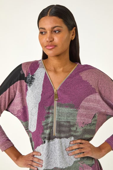 Roman Mauve Brushed Print Zip Detail Top