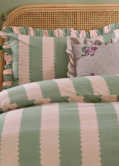 Wylder Birdie Stripe Ruffle Duvet Cover Set Pink/Green