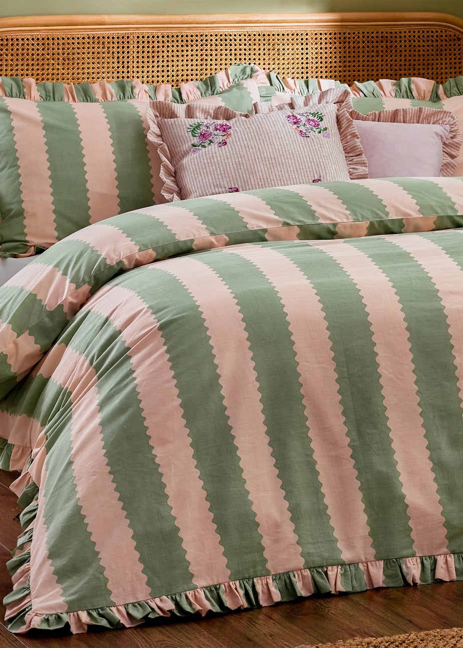Wylder Birdie Stripe Ruffle Duvet Cover Set Pink/Green